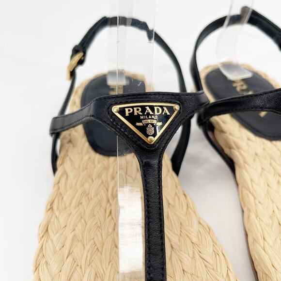 NWOB Prada Black Leather Triangle Logo Plaque Raffia Strappy Flat Sandal IT 39 - Picture 6 of 11